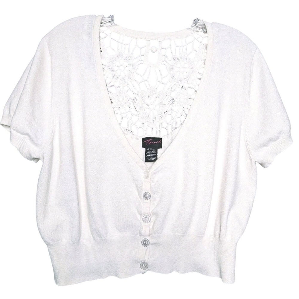 Torrid White Crochet Lace Back Short Sleeve Button Cardigan 2X Boho Cottagecore